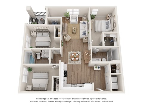 Floor plan for 3 beds, 2 baths, 1269 sqft